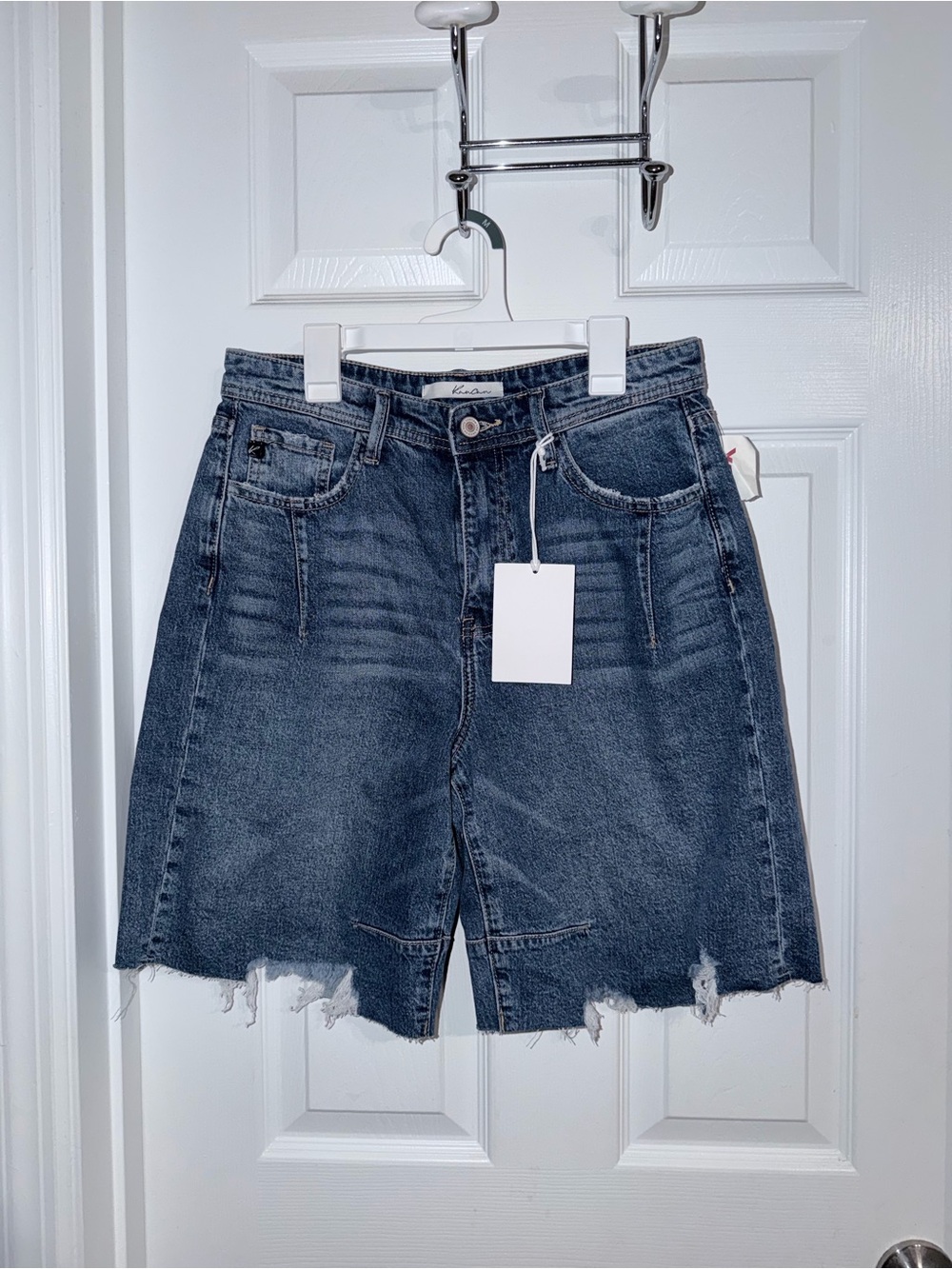 KanCan Dark Blue Distressed Frayed Hem Jean Shorts